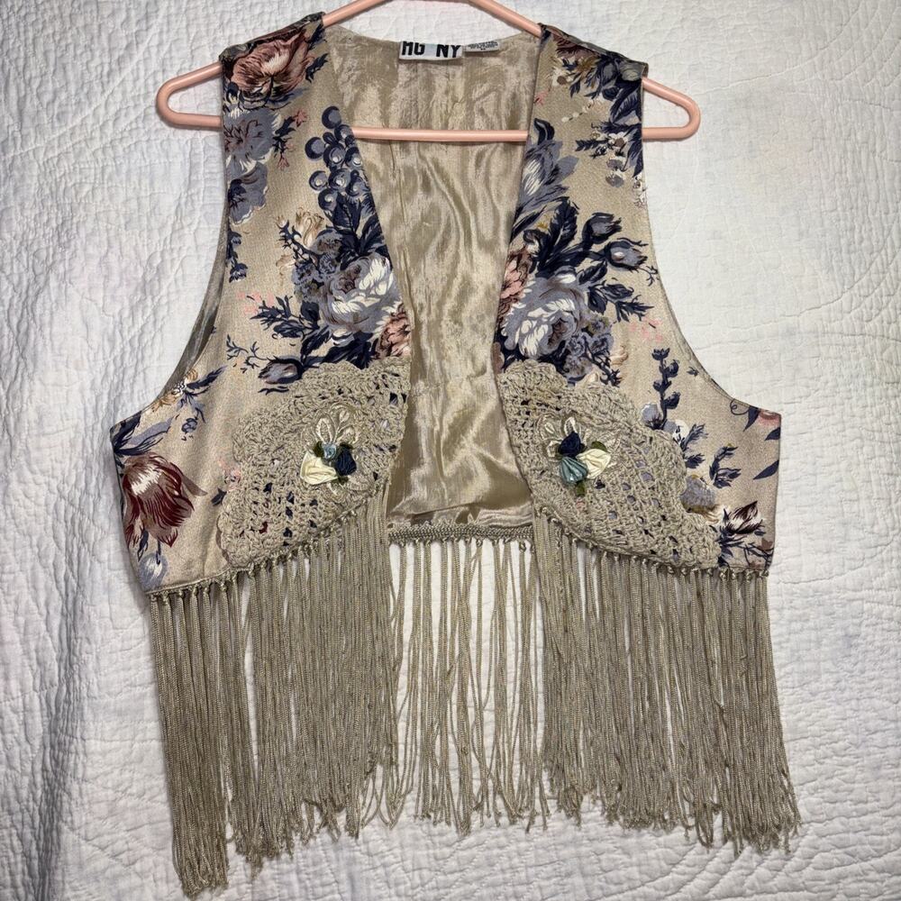 Vintage 90s Orvis Floral Roses Vest Cream M Fringe Western Boho Embroidered